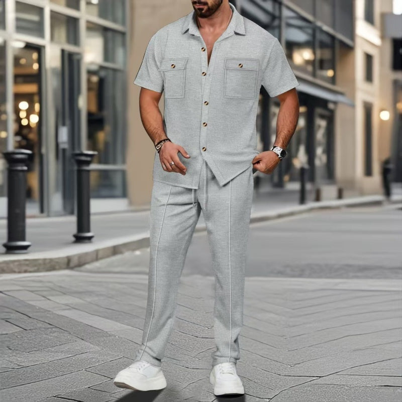 Ropa de hombre, color liso, estilo casual, algodón y lino, conjunto de dos piezas