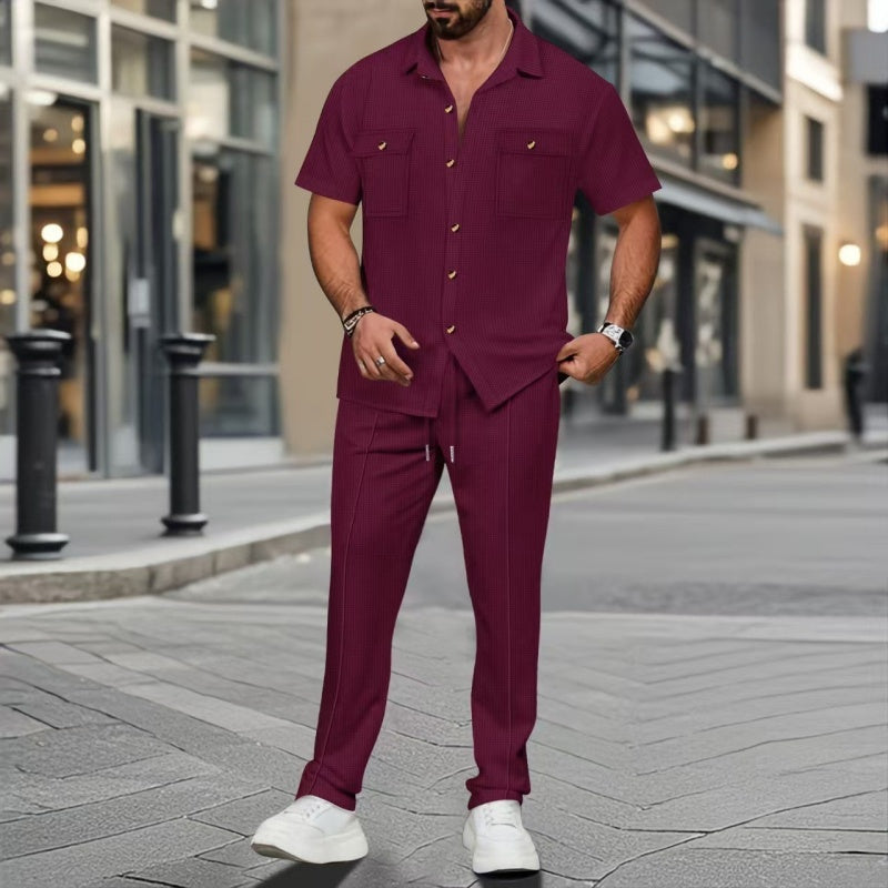 Ropa de hombre, color liso, estilo casual, algodón y lino, conjunto de dos piezas
