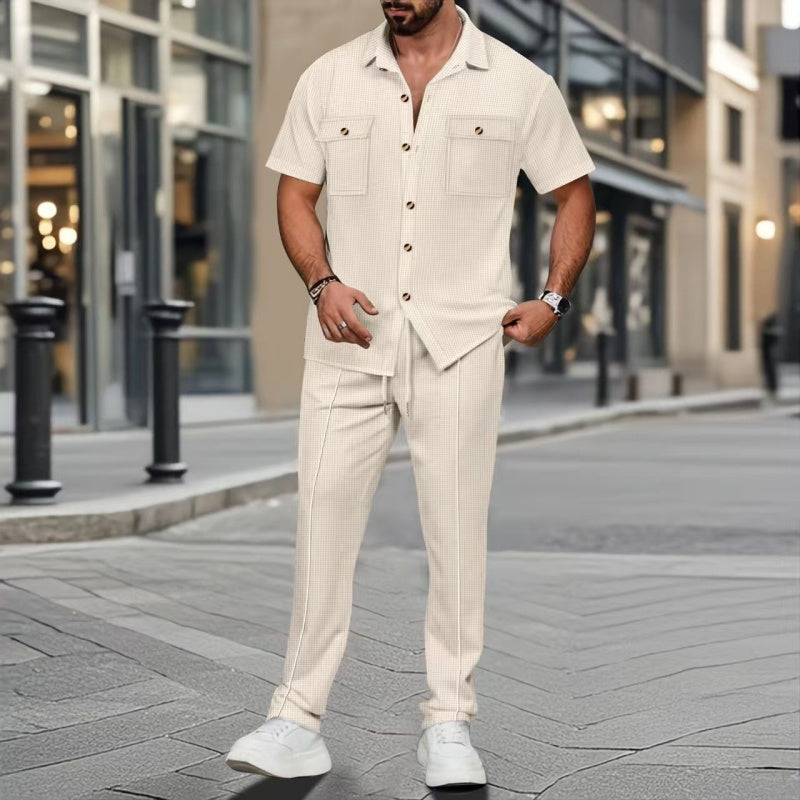 Ropa de hombre, color liso, estilo casual, algodón y lino, conjunto de dos piezas