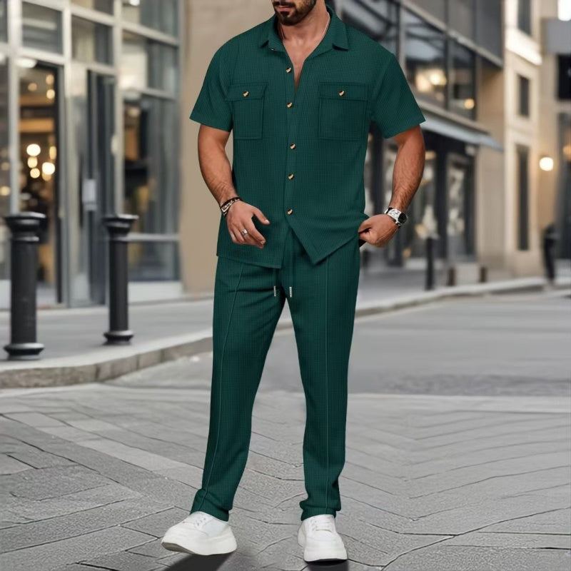 Ropa de hombre, color liso, estilo casual, algodón y lino, conjunto de dos piezas