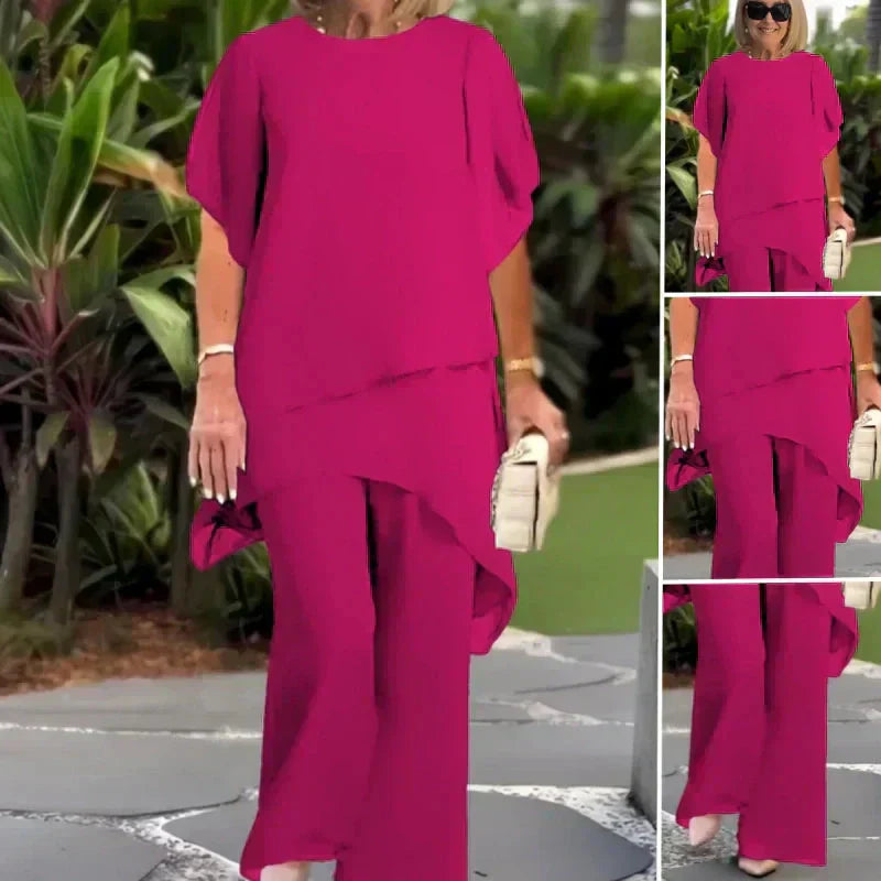 Conjunto compuesto por un precioso top asimétrico y unos pantalones de pierna ancha
