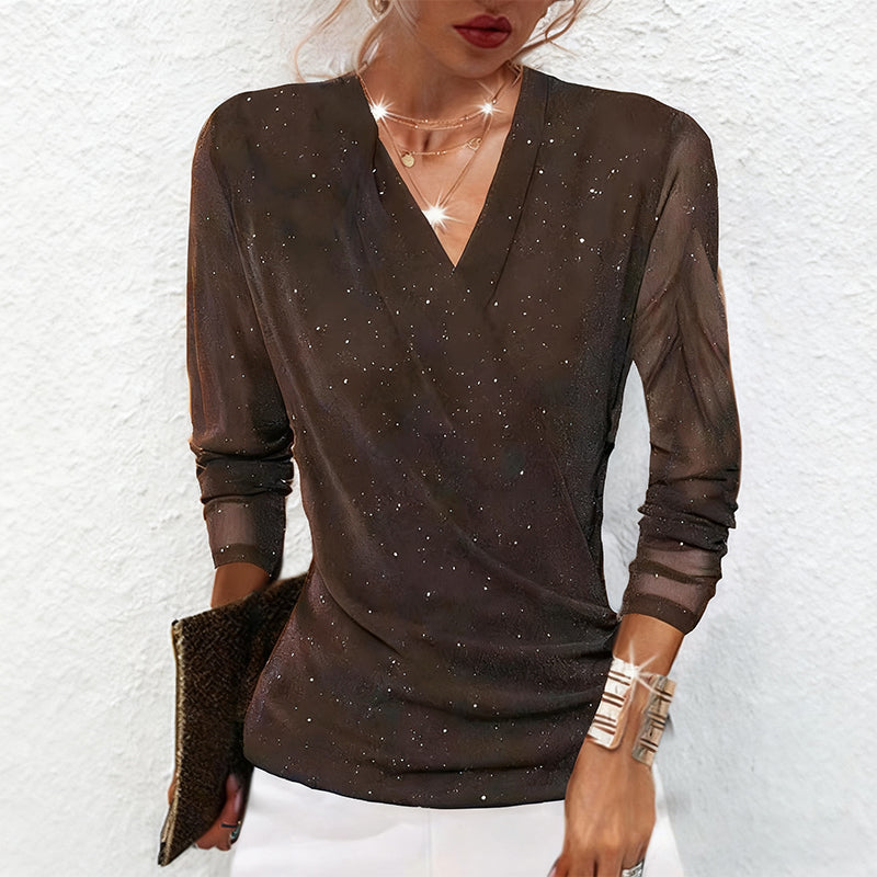 Top de manga larga con cuello en V para mujer Sparkle Crossover