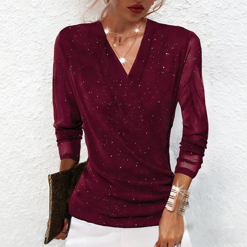 Top de manga larga con cuello en V para mujer Sparkle Crossover