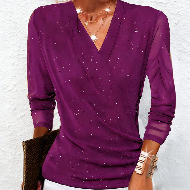 Top de manga larga con cuello en V para mujer Sparkle Crossover