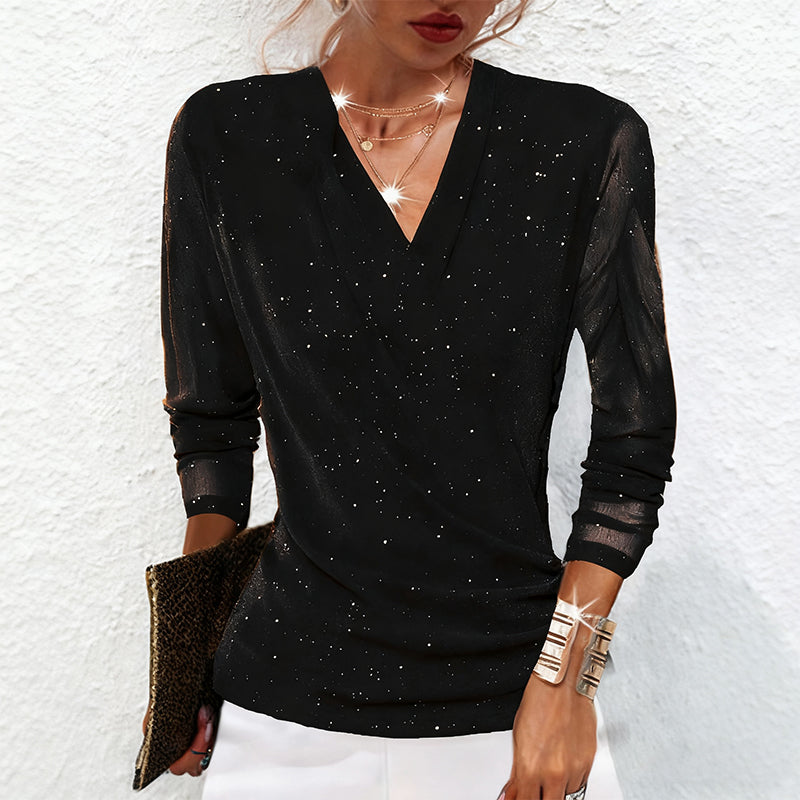 Top de manga larga con cuello en V para mujer Sparkle Crossover