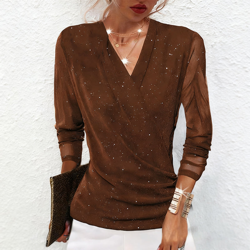 Top de manga larga con cuello en V para mujer Sparkle Crossover