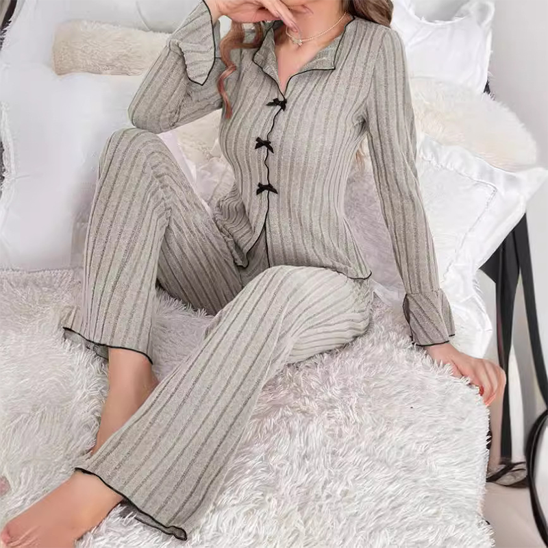 Conjuntos de pijama de punto a rayas para mujer con cuello de solapa y lazos