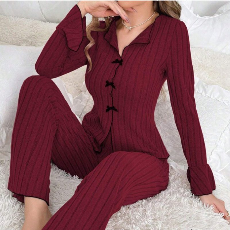 Conjuntos de pijama de punto a rayas para mujer con cuello de solapa y lazos