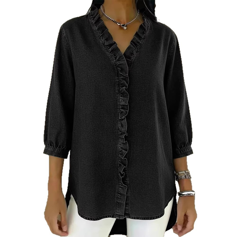 Camisa informal de mujer con cuello en V con volantes