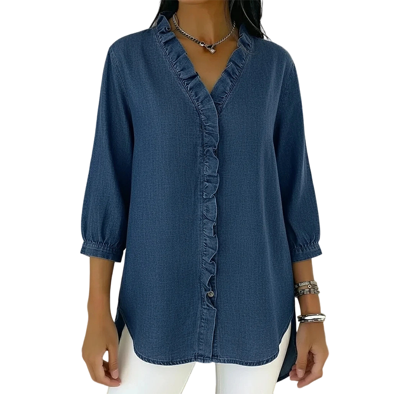 Camisa informal de mujer con cuello en V con volantes