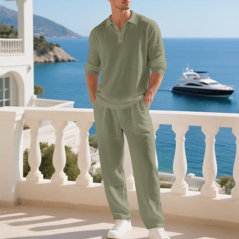 Conjunto informal de 2 piezas para hombre: polo de lino de manga larga y pantalón largo, ideal para primavera y verano.
