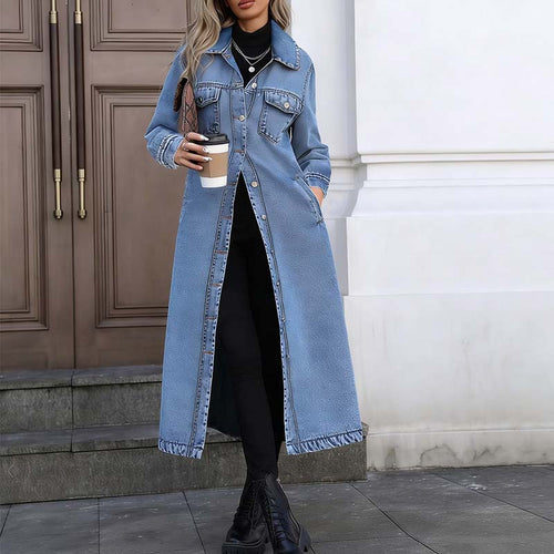 Abrigo largo de mezclilla con botones para mujer, estilo informal
