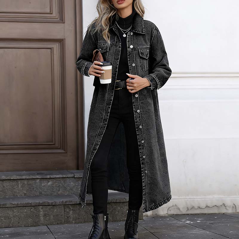 Abrigo largo de mezclilla con botones para mujer, estilo informal