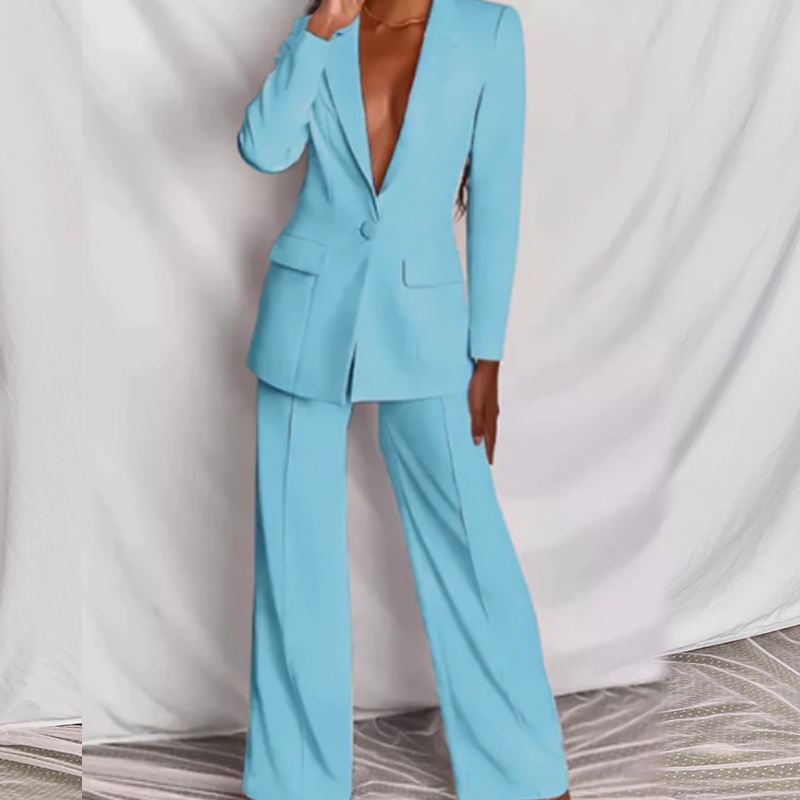 Elegante conjunto de blazer y pantalón de pierna ancha para mujer.