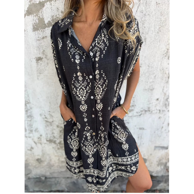 Vestido holgado de lino de manga corta para mujer