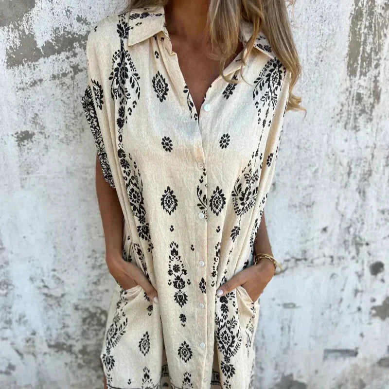 Vestido holgado de lino de manga corta para mujer
