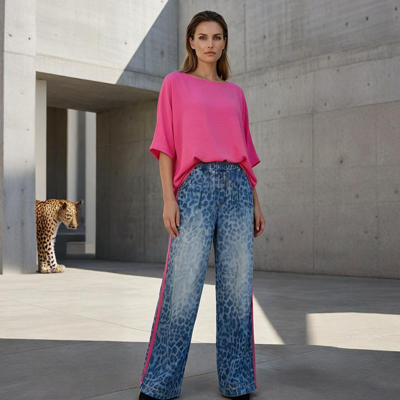 Conjunto de 2 piezas para mujer: top rosa brillante y pantalón con estampado de leopardo. Holgado, cómodo y transpirable. Ideal para el tiempo libre y salidas. Tallas: S-5XL.