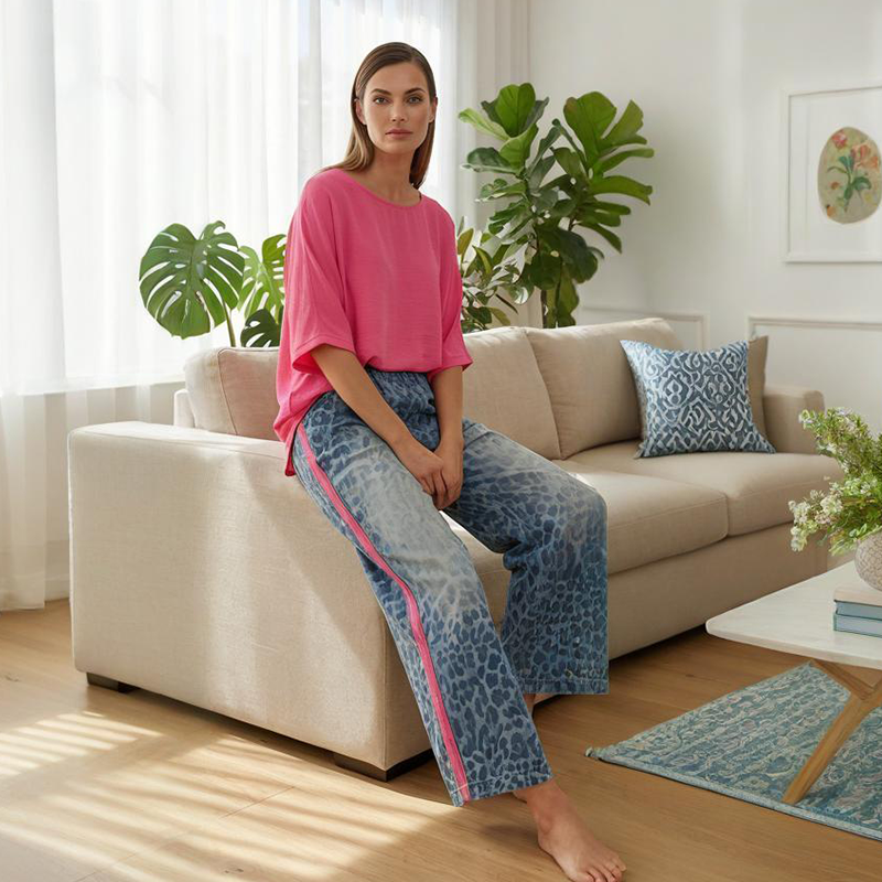 Conjunto de 2 piezas para mujer: top rosa brillante y pantalón con estampado de leopardo. Holgado, cómodo y transpirable. Ideal para el tiempo libre y salidas. Tallas: S-5XL.