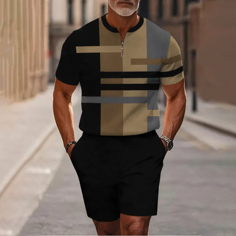 Conjunto de 2 piezas para hombre: camisa y pantalón corto con cremallera hasta el cuello, holgado y cómodo.