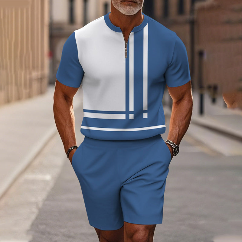 Conjunto de 2 piezas para hombre: camisa y pantalón corto con cremallera hasta el cuello, holgado y cómodo.