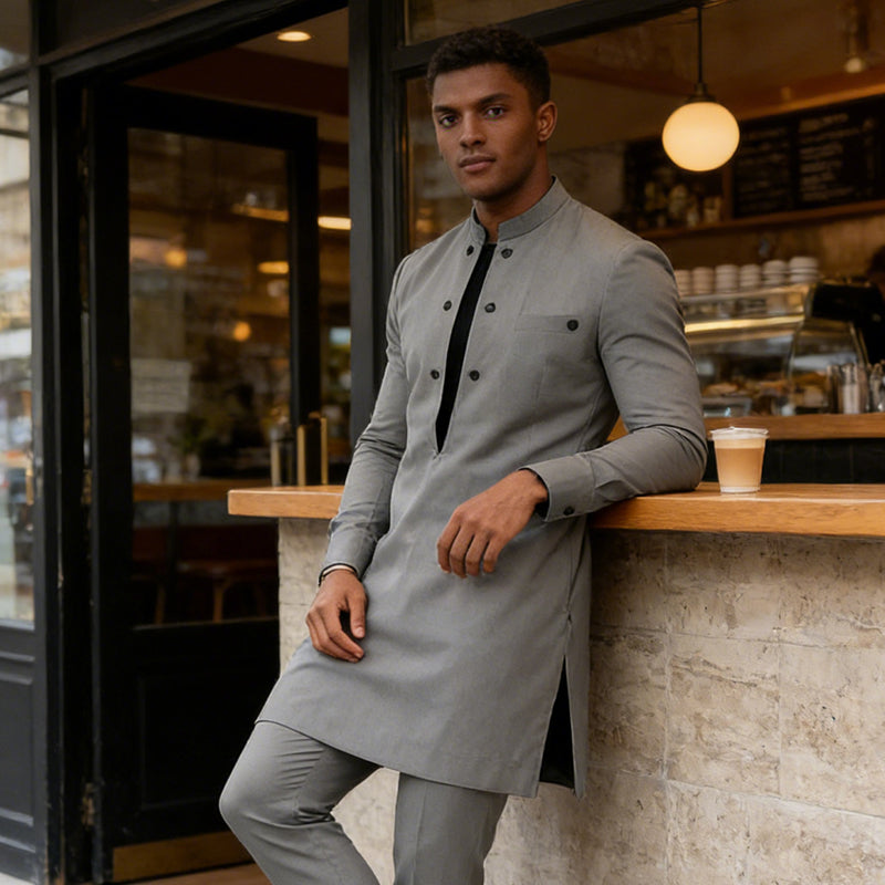 Conjunto moderno de túnica y pantalón con cuello alto para hombre.